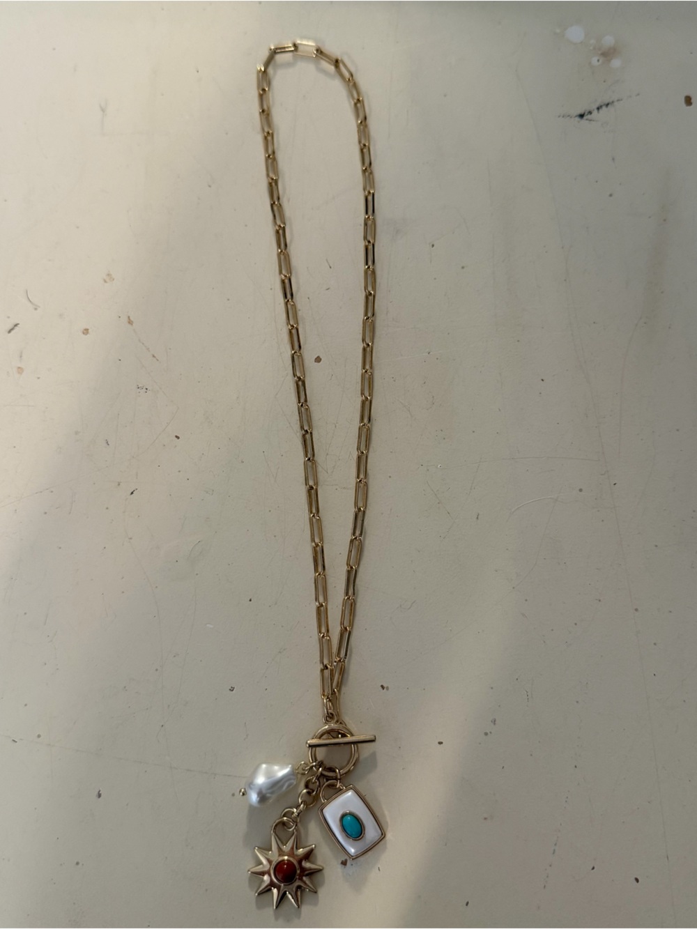 Altar'd State Gold Tone Double Chain Necklace with Pearl Charm